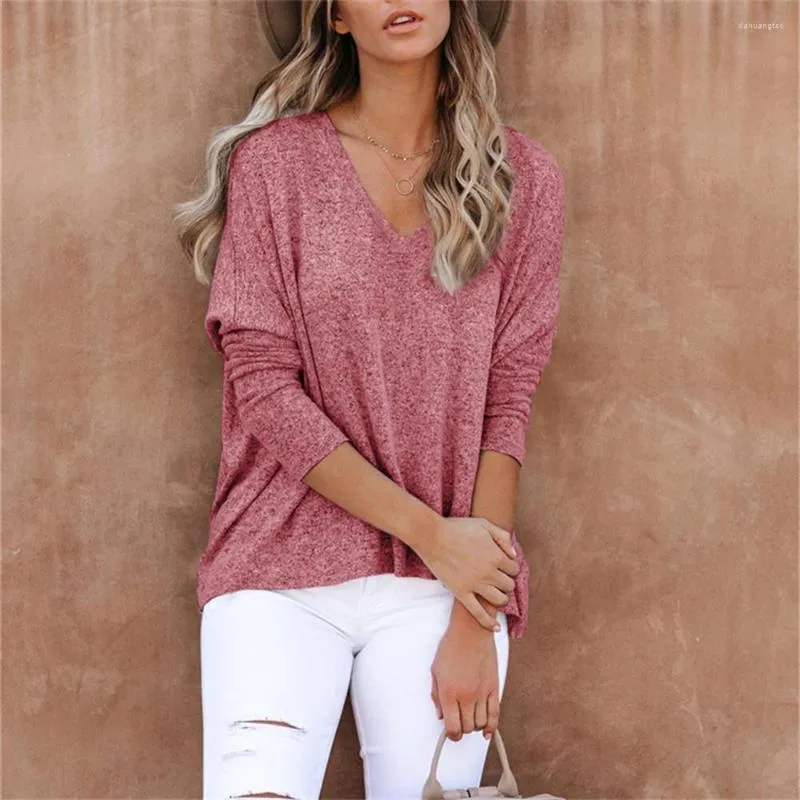 Kvinnors T-skjortor 2023 Autumn Winter Women Solid Color Wool Fleece Bat Sleeve V-Neck T-shirts Loose Casual Street Pullover T-shirt