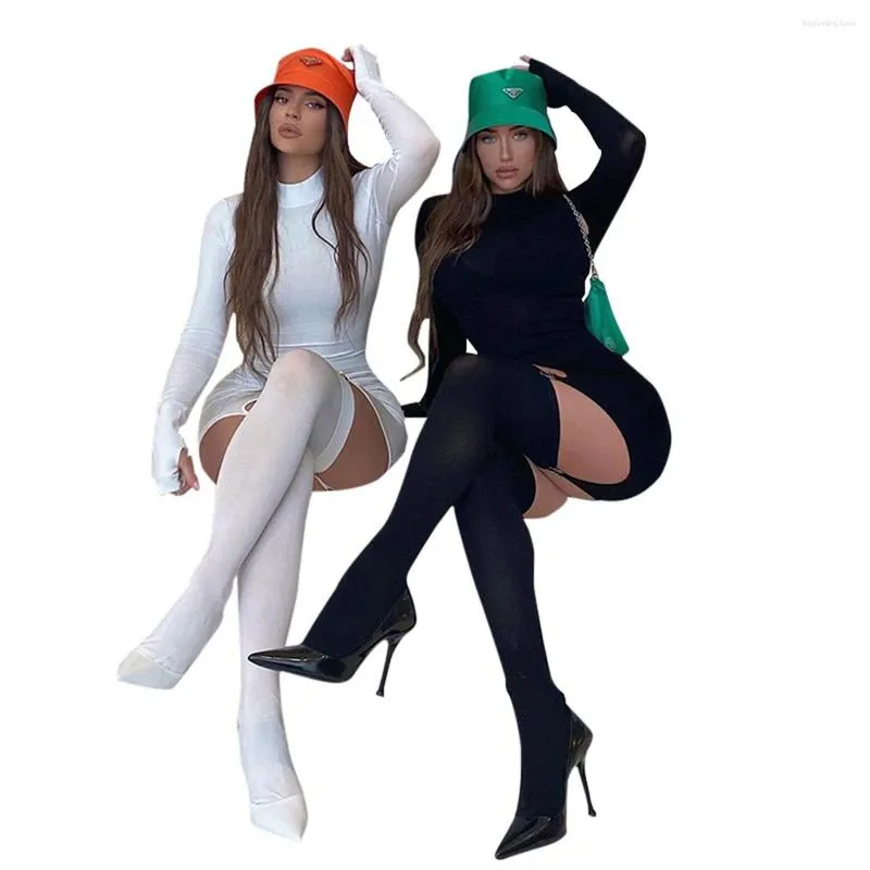 Women Socks Hirigin Two-Piece Dress Outfit Long Sleeve Turtleneck Solid Color Skinny Wrapped With Buckles And Stockings Set