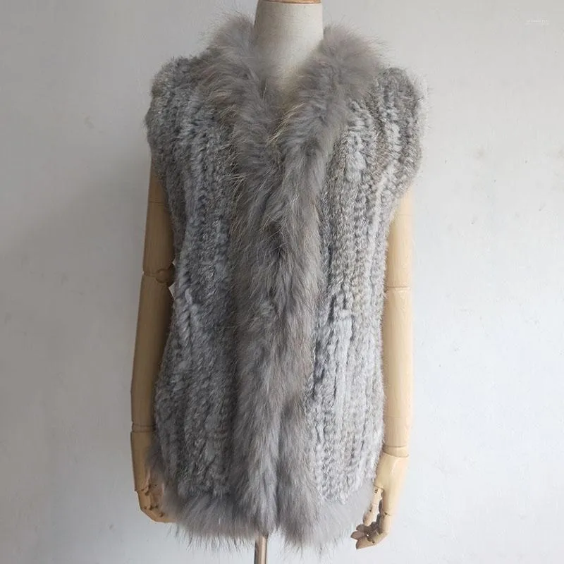 Women's Vests 2023 Winter Spring Knitted Real Fur Vest With Raccoon Trim Fashion Women Ladies Genuine Gilets