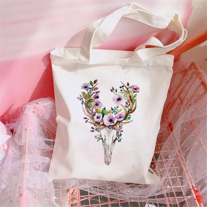 Storage Bags National Pattern Cowhead Female Shopping Bag Cute Cartoon Flower Handbag Large Capacity Leisure Canvas Shoulder