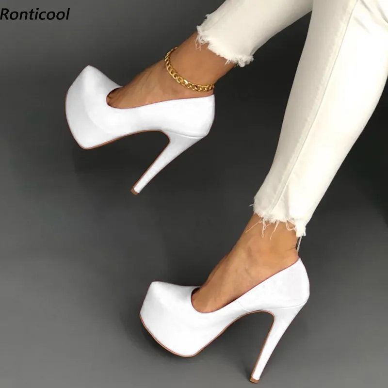 Ronticool – escarpins à plateforme faits à la main pour femmes, chaussures à talons hauts fins et bout rond, jolies chaussures de soirée blanches, rouges et roses, grande taille américaine 5-20