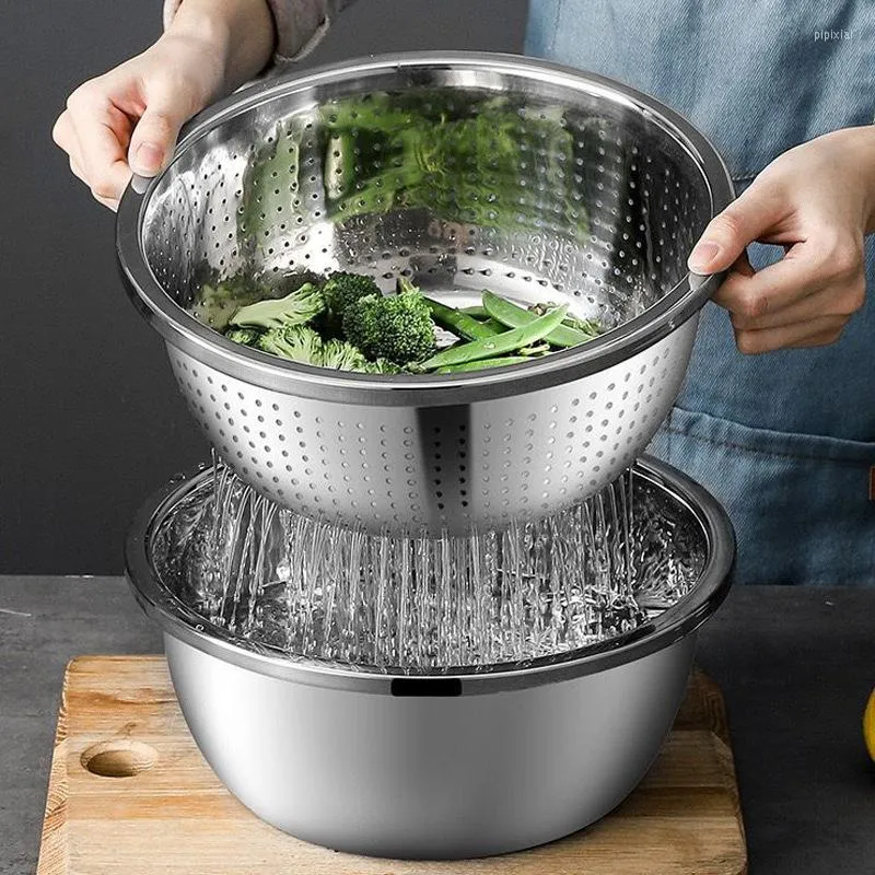 Bowls Multiple Sizes Stainless Steel Tableware Fruit Salad Soup Egg Beater Bowl Vegetable Basin Drain Basket Kitchen Utensil