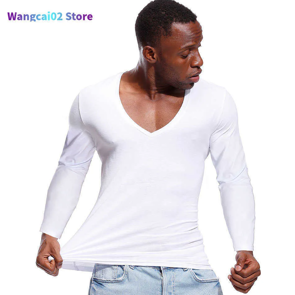 Men's T-Shirts Solid Color Tshirt for Men Deep V Neck Top Tees Male Low Cut Wide Collar Cotton Slim Fit Long Sleeve Men T Shirt 022023H