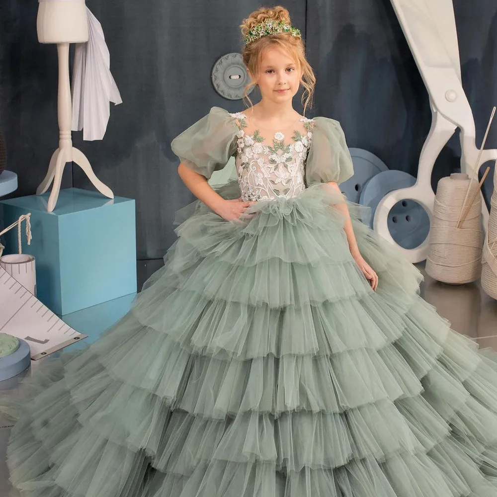 Green Ruffled Puffy Sleeve flower girl dress for Pageants, First Communion, and Birthday Celebrations with Button Back Green Ruffled Puffy Sleeve flower girl dress for Pageants, First Communion, and Birthday Celebrations with Button Back