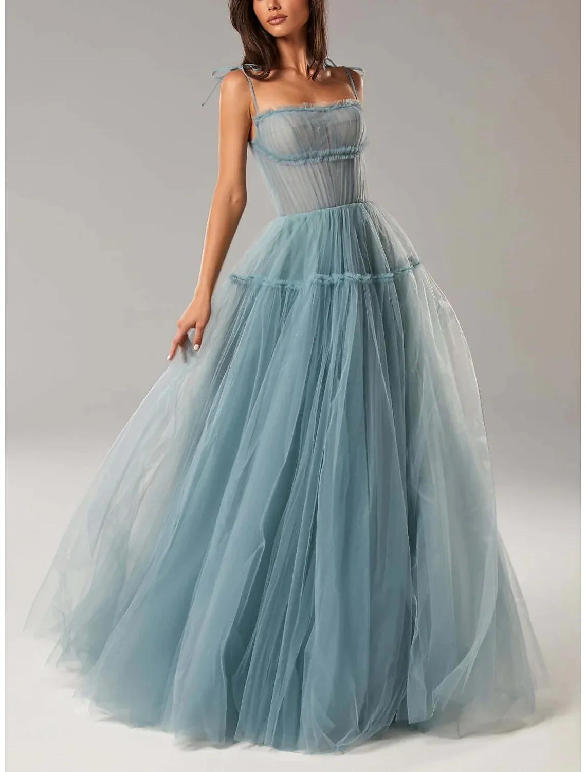 Dust Blue A-line Prom Party Dresses 2023 Senza maniche Ruffles Spaghetti Strap Tulle Abiti da sera convenzionali Laurea Vestidos De Feast