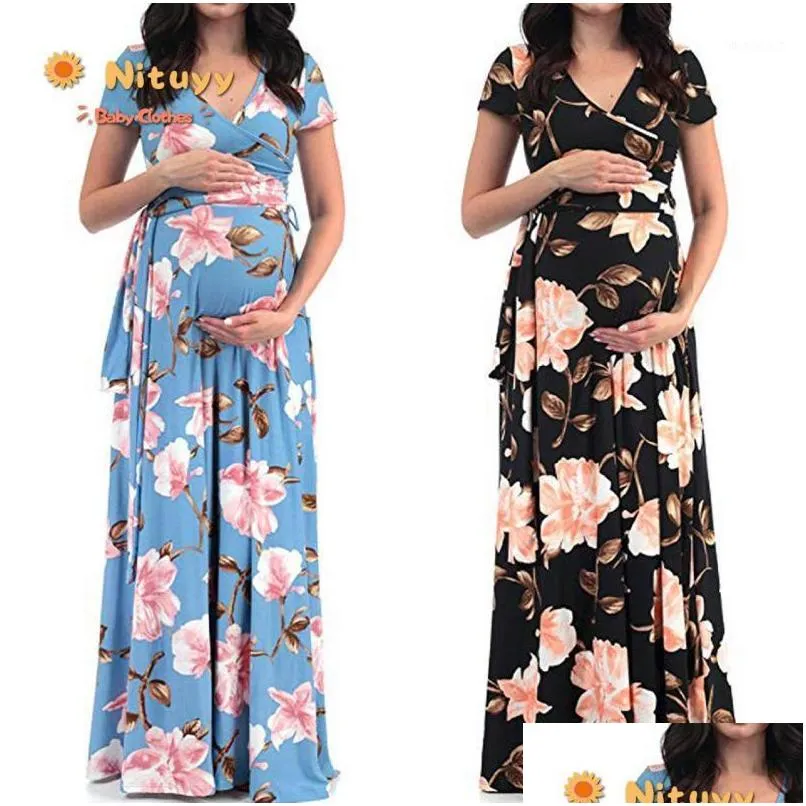 Maternity Dresses 2020 Summer New Plus Size Clothes For Pregnant Women Short Sleeve V Neck Pregnancy Floral Print1 Drop Delivery Bab Dhoap