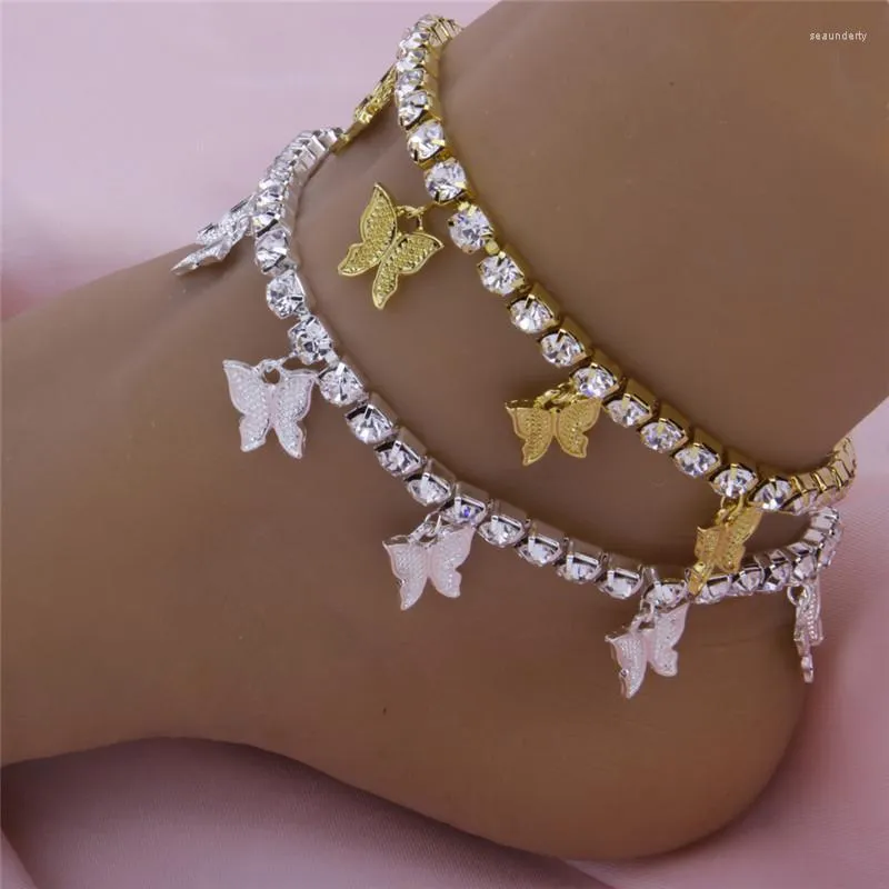 Anklets Boho Jewelry Iced Out Bling Chain Cute Butterfly Ankle Bracelets Beach Accessories Gold Silver Color Cavigliera Donna