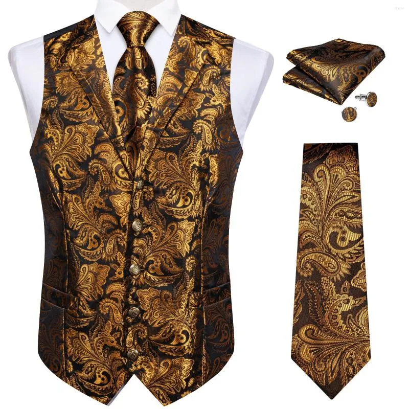 Men's Vests Luxury Gold Paisley Silk Suit Vest For Men Wedding Dress Up Formal Mens Waistcoat Neck Tie Handkerchief Cufflinks Fashion Gilet