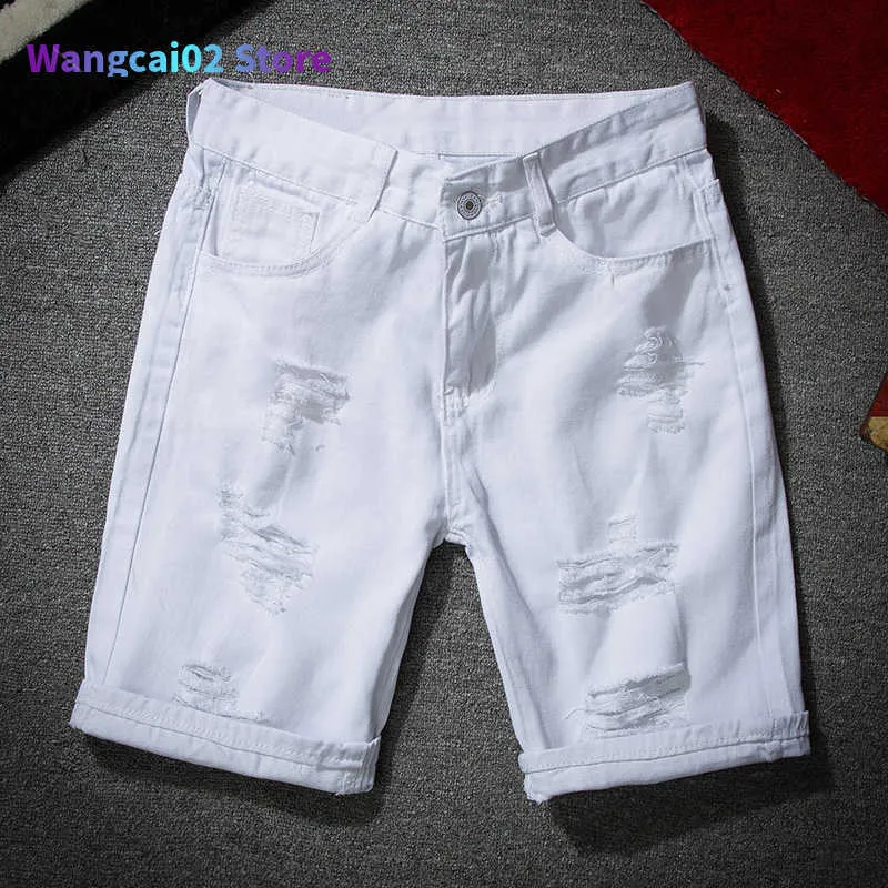Erkek Şort Erkek Şort Beyaz Denim Yeni Yaz Delikleri Sıradan kot pamuklu katı ince fit pantolon diz uzunluğu 022023h