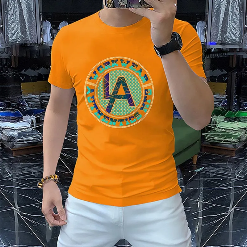 Camiseta masculina popular de luxo algodão t verão nova juventude marca moda homem roupas em torno do pescoço cores brilhantes topos M-4XL