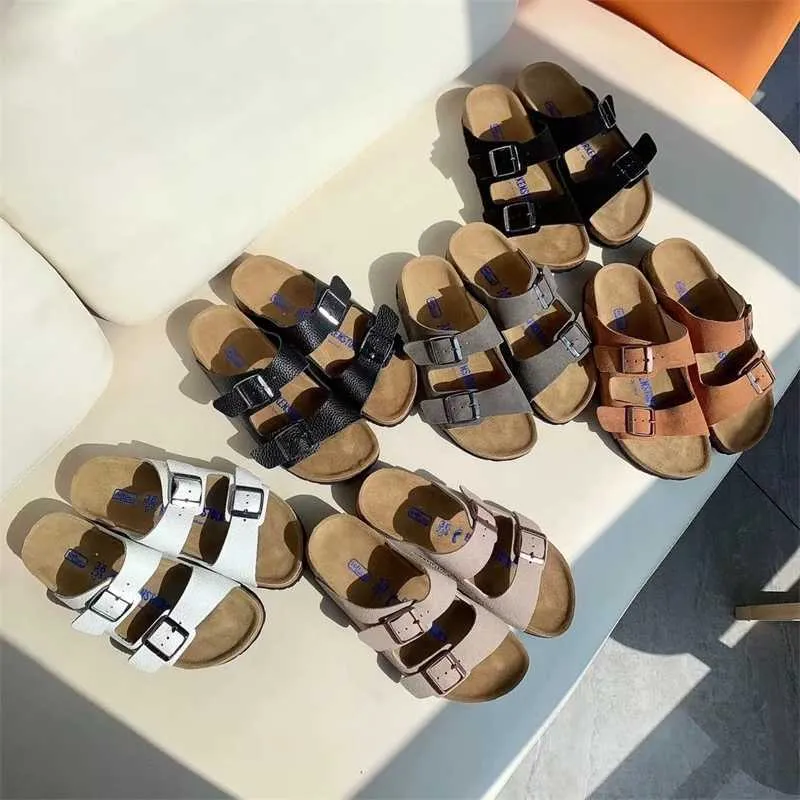 Designer BirkinStock Flippers Todos os sapatos de couro de vaca Bucken Primavera e verão 2023 Sandálias planas de cortiça de couro