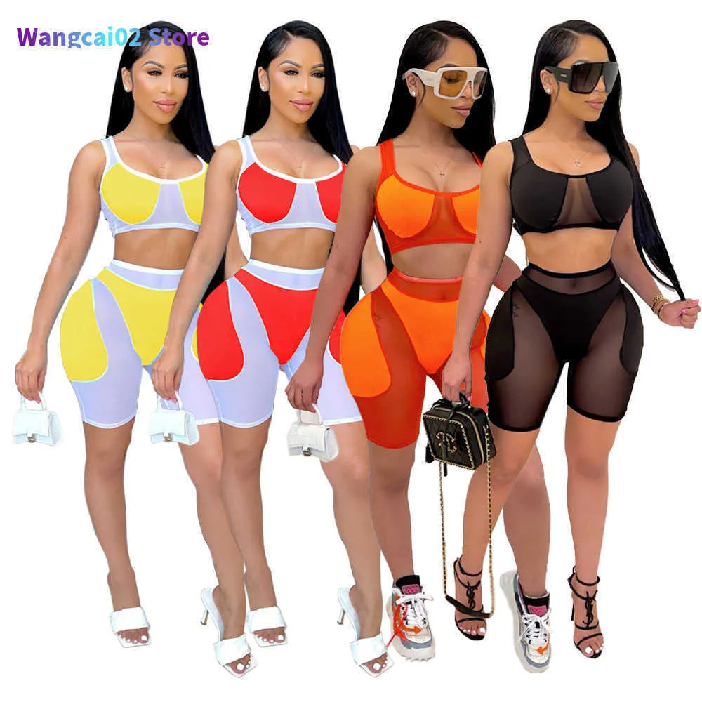 Women's Two Piece Pants Casual Women's Sheer Mesh Patchwork Tracksuit Women Summer Sexy Tank Crop Top Biker Shorts Bodycon Club Two Piece Set Outfits 022023H