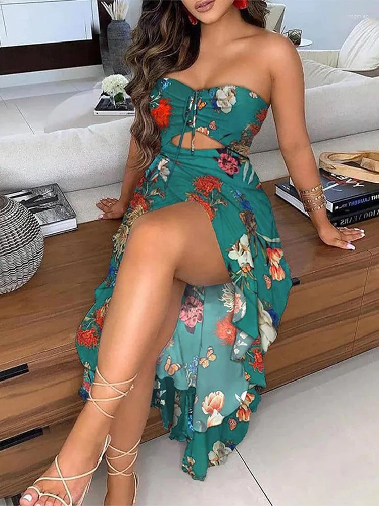 Casual Dresses Bandeau Butterfly Print Cutout High Slit Dress Women Summer