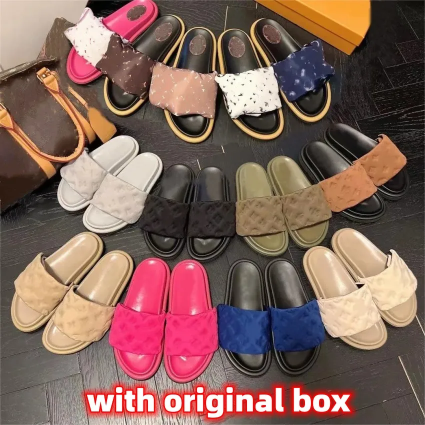 Pantoufles Slides Designers Pool Pillow Mules Dhgate Femmes Sandales Sunset Flat Comfort Mules Rembourrées Sangle Avant Pantoufles À La Mode Faciles À Porter Style Slides