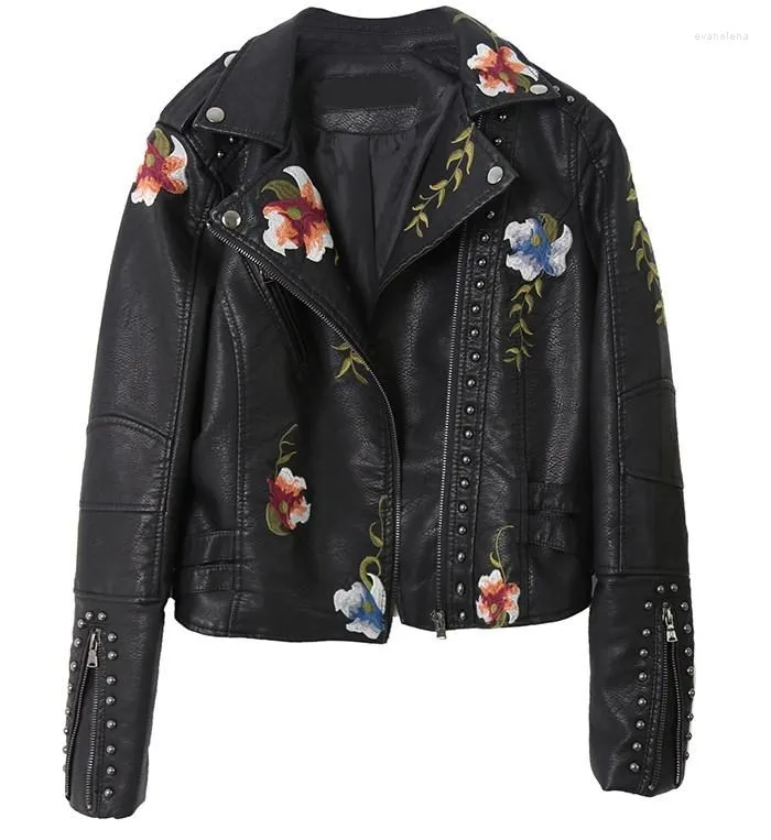 Kvinnors jackor kvinnor punk stil fuax läderjacka streetwear moto cyklist broderi blommigt tryck rivet pu kappa överdimensionerade outwear f376