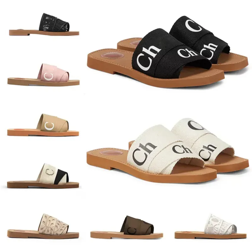 Chinelos femininos Paris COE Woody Flat Mule Slide Sandálias Sail Preto branco oliva bege vermelho mesh bordado em relevo linho rosa moda praia slides femininos