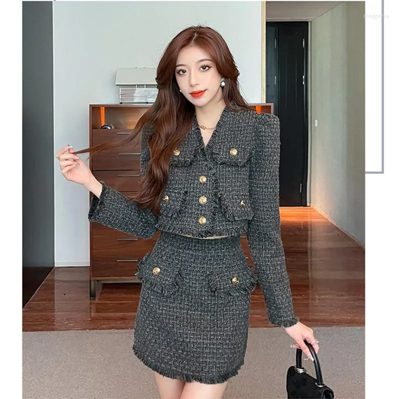 Vestidos de trabajo Trajes de falda Mujer Pasarela Diseñadores de lujo Elegante Oficina Damas Formal Tweed Blazer Chaqueta Mini 2 piezas Conjunto Trajes de invierno