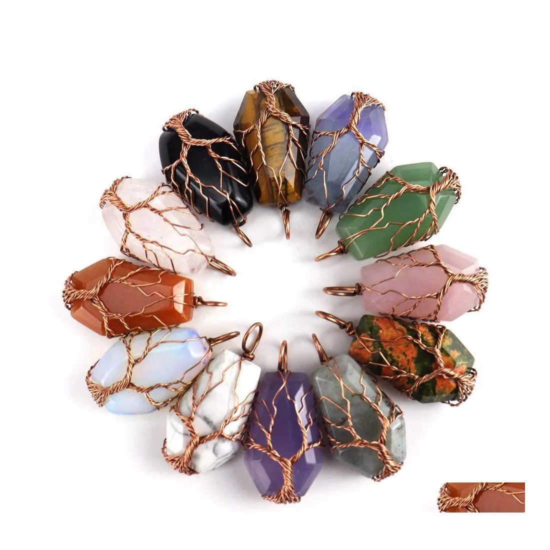 Pendant Necklaces Natural Stone Crystal Lucky Charms Tree Of Life Wire Wrap Amethyst Tiger Eye Rose Quartz Wholesale Jewelry For Wom Dhk6P