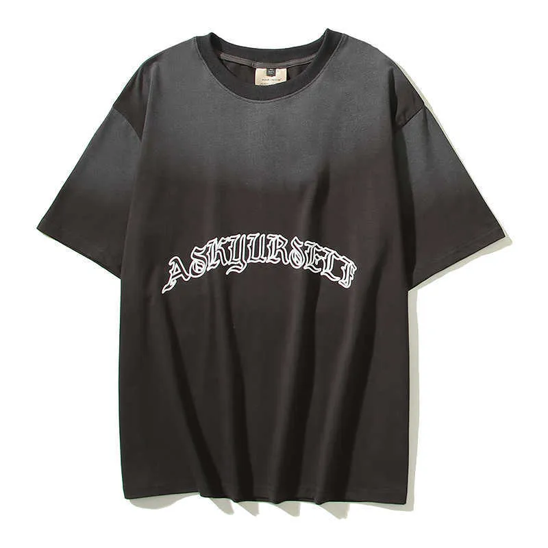 Camisetas masculinas 2023 Novo letras Impressão de streetwear lavado camiseta de verão para homens gradiente de pescoço redonda cor retrô de tamanho casual camisetas unissex z0220