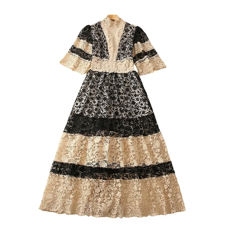 Khaki Floral Lace Embroidery Maxi Dress with 3/4 Flare Sleeves and Stand  Collar Plus Size XXL from Dhgate Basic & Casual Dresses - price 96.81