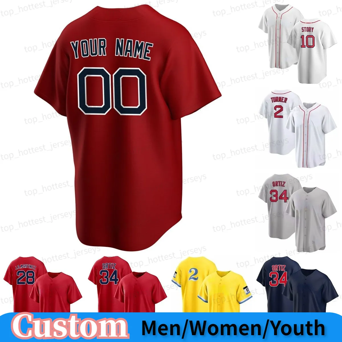 Custom David Ortiz Justin Turner 2 Jersey Story Hernandez Bogaerts Yastrzemski Martinez Rafael Devers Martine Yellow Red White Stitched Jerseys Men Women Youth