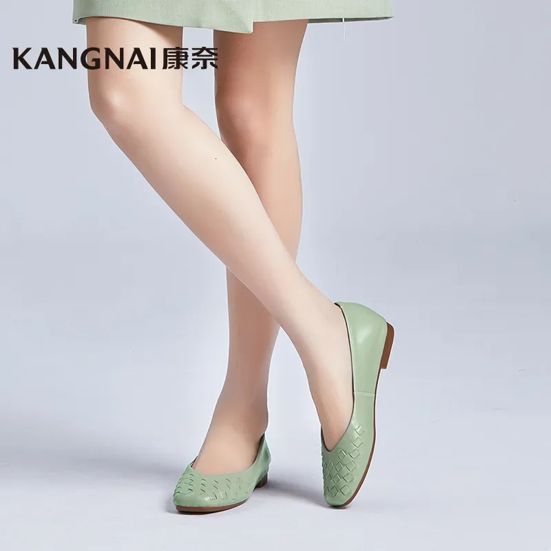 Vestido sapatos de vestido kangnai ballet feminino genuíno weave slipon moda confortável quadrado dedo feminino raso 230220