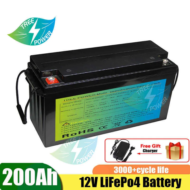 12V Lithium-Eisenphosphat-Batterie 200Ah Eingebaute BMS LFP LiFePO4-Batterie für Wohnmobil Wind Solarenergie Roller Dreirad Boot