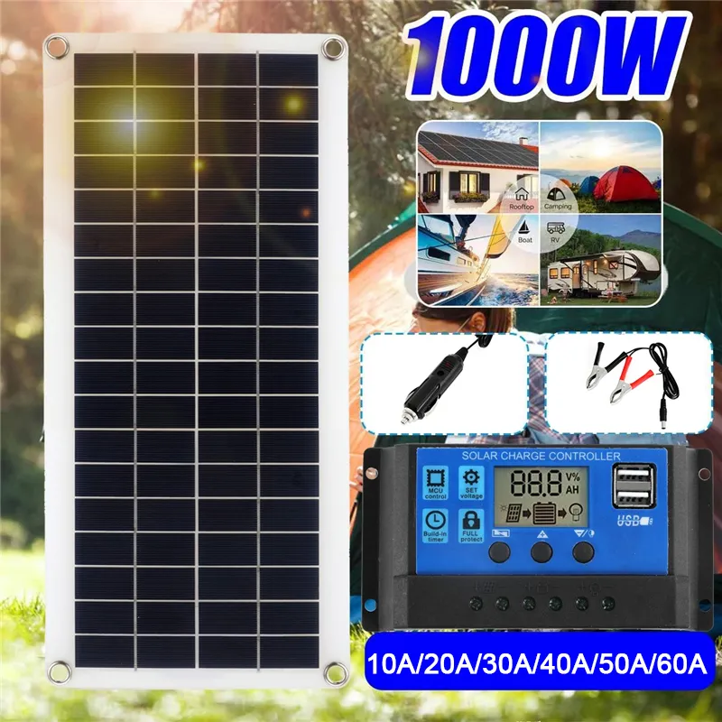 Solar Panels 1000W Solar Panel 12V Solar Cell 10A-60A Controller Solar Panel for Phone RV Car MP3 PAD Charger Outdoor Battery Supply 230220