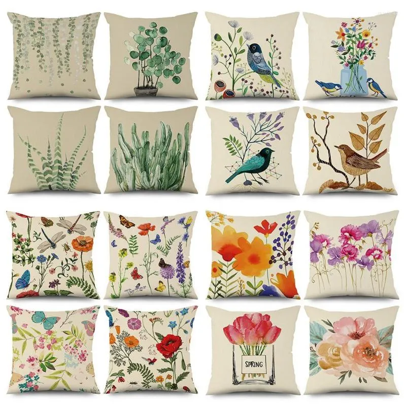 Pillow Flower Plant Leaf Birds Cover Polyester Linen Pillowcase Sofa S Home Room Car Decor Throw Case