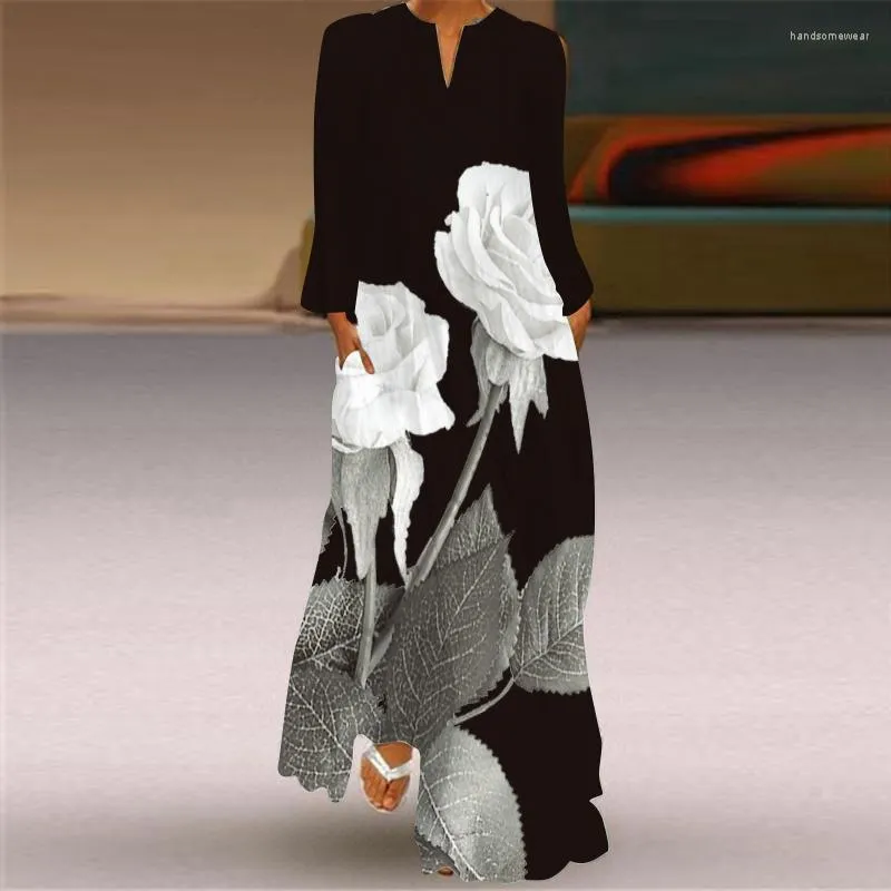 3D Rosetryckt Svart Klänning Höst Långärmad Strand Casual Klänningar i stora storlekar Kvinna Elegant Flickor Lång Klänning Kvinnor