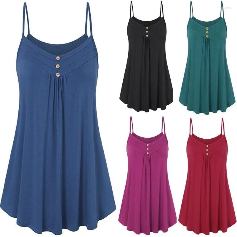 Casual Dresses Women Summer Vest V Neck Cami Loose Tank Tops Button Blue