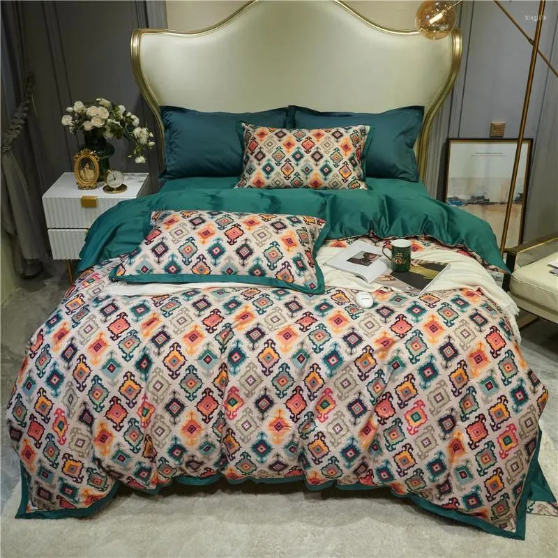 Set di biancheria da letto 4 pezzi King Size Colorful Bohemian Housse De Couette 220x240 Coton Raso Couvre Lit Boho Lenzuola matrimoniali Verde