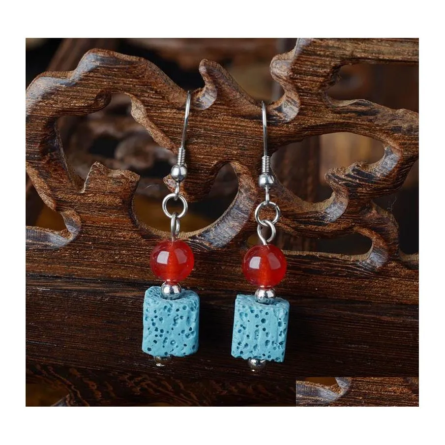Charm Bohemia Retro Lava Stone Beads Charms Pendientes Diy Difusor de Aceite Esencial Joyería Mujeres Volcanic Cubic Pendiente Drop Delivery Dhwbh