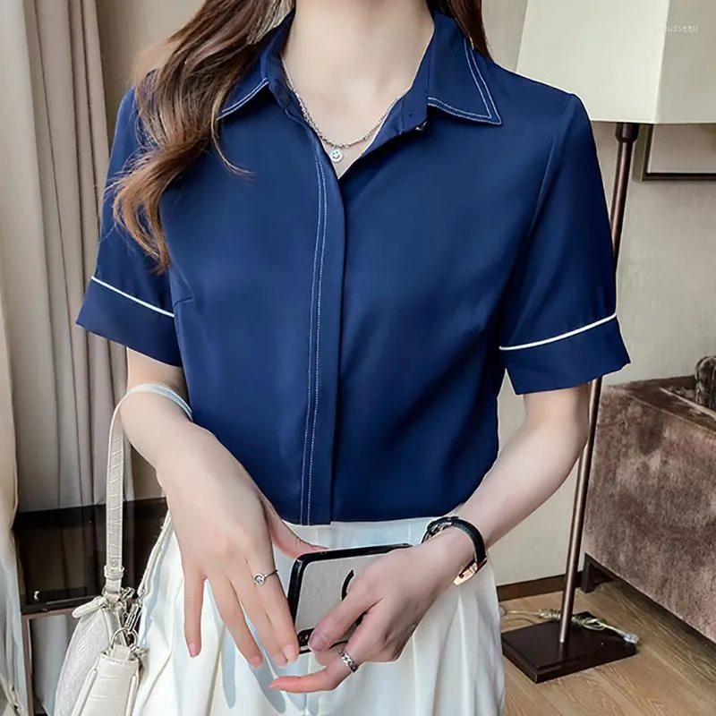 Damesblouses kantoor dame gestreepte witte dames knop Koreaanse mode blauw shirt vrouw korte mouw 2023 zomer tops chemisier femme