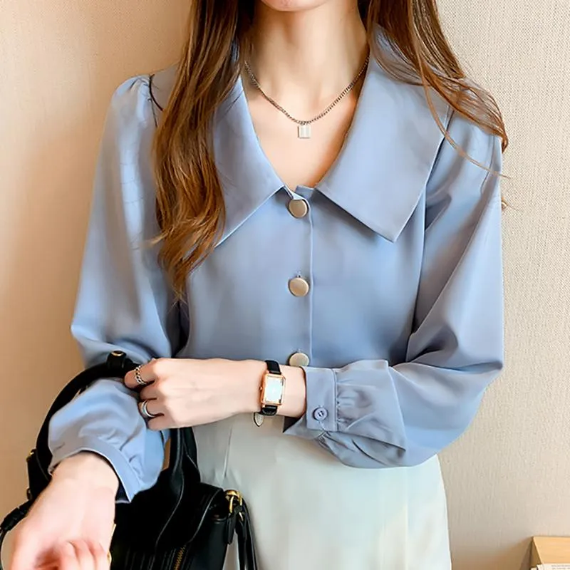 Bluzki damskie Shintimes Button Biała koszula Kobiety Vintage Ubrania 2023 Fall Long Rleeve Blue szyfonowa bluzka Kobieta Women Tops Chemisier