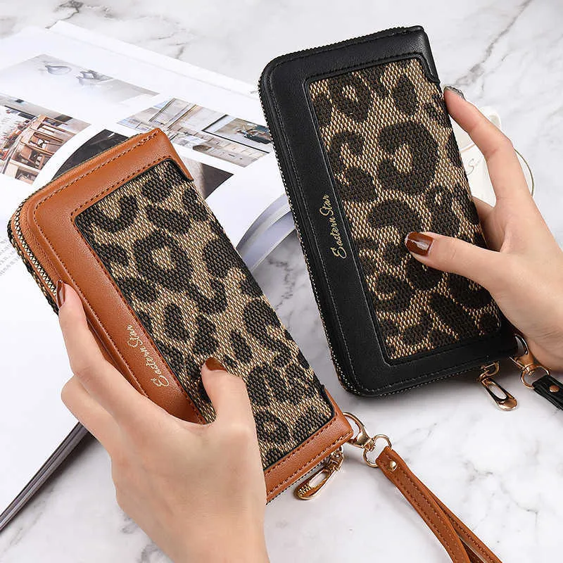 Carteira feminina longa estampa de leopardo moda clássica zíper grande capacidade multifuncional multicartão posição bolsa de mão feminina 230218