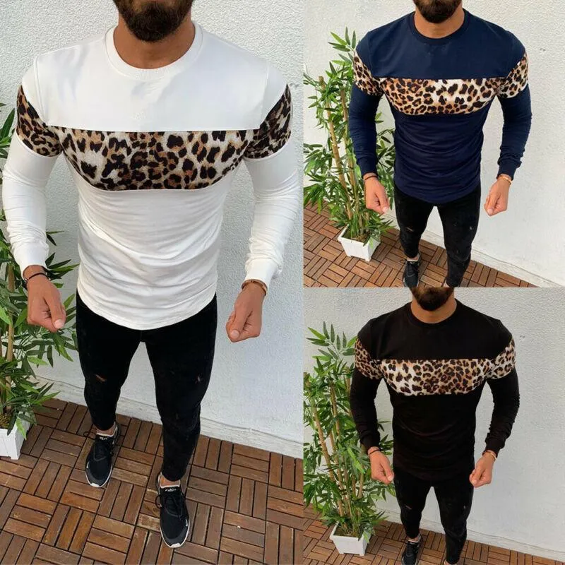 Men's Hoodies Fashion Men Leopard Panelled Sweatshirts Warm Tops Slim Fit Pullovers Casual Long Sleeve O-Neck Clothes