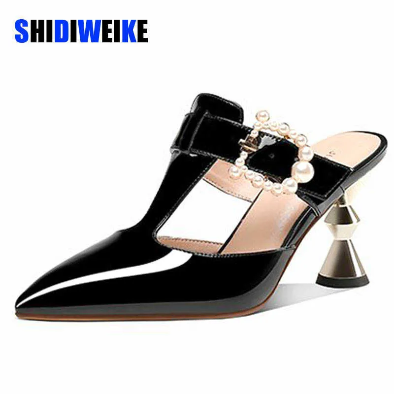 SDWK 8.5cm Summer High-heeled Women Mules Slippers Woman Strange Heel Sandals Baotou Female Outdoor Square Button Shoes AD3254 0220