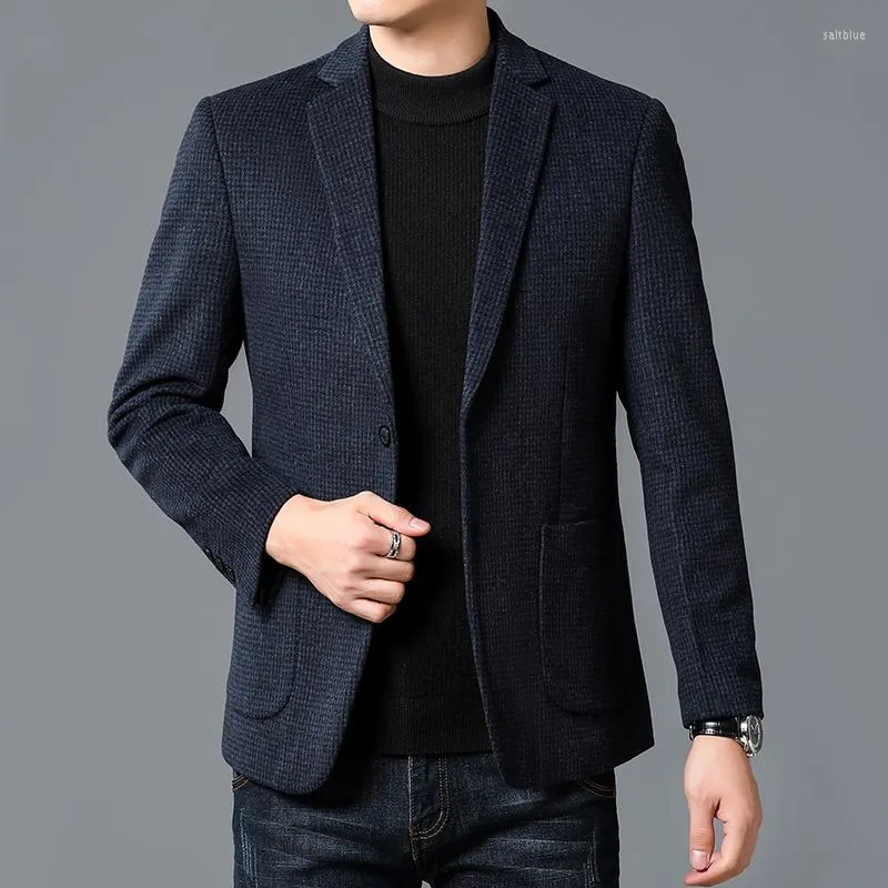 Ternos masculinos estilo Inglaterra Men Houndstooth Sheep Wool Blazers azul marinho preto cinza canto de trespassado masculino Smart Casual Roupfits