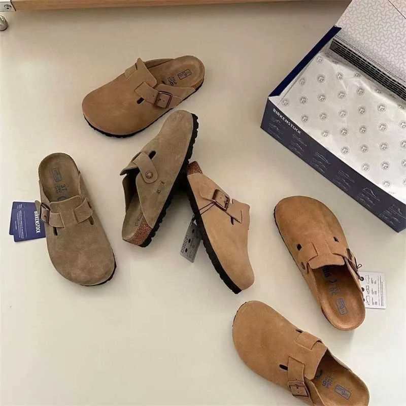 Designer Birkinstock tofflor äkta läder Baldheaded Cork tofflor för kvinnor på sommaren boken platta bottnar och fashionabla strand semitrailer boken sandaler 9wb