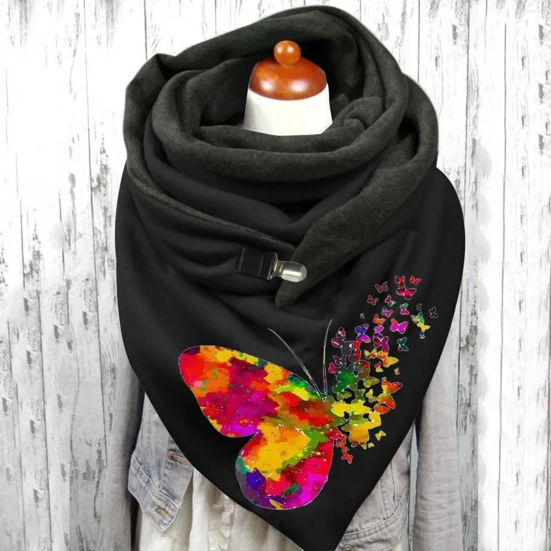 Bandanas Colorful Butterfly Print Scarf Women Vintage Winter Warm Button Up Scarves Shawls Comfortable Foulard Femme