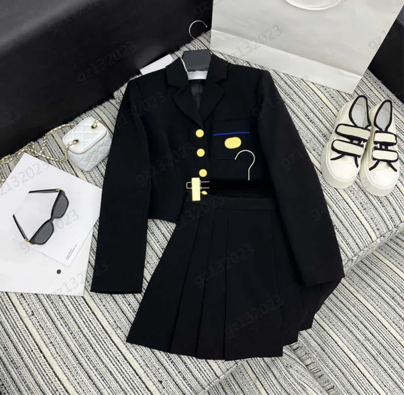 Suit Two Piece Dress Metallic Logo Ornament Custom Button Lapel Long Sleeves Jacket Matching High-waisted Pleated Skirts Essential Two Pieces Set For Womens 1970