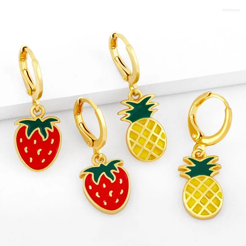 Hoop Earrings Lovely Pair Of Tropical Fruit Drop Oil Banana Strawberry Glass Watermelon Pendant Gold Copper Ornaments Jewelry