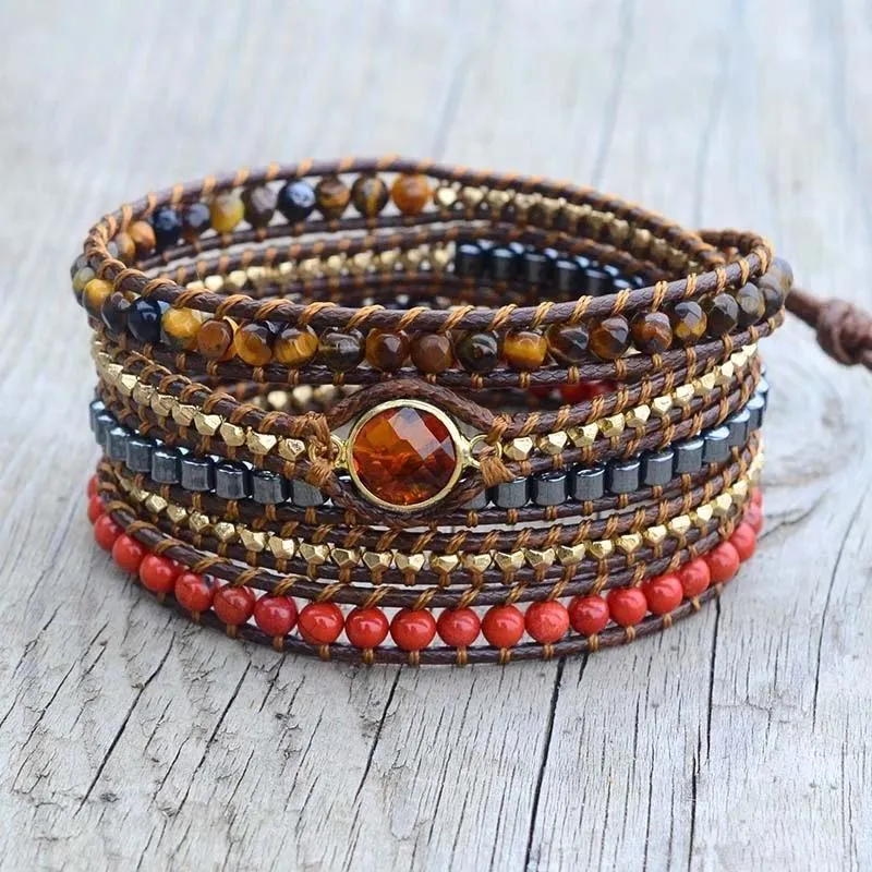 Urok bransoletki Przyjazd 4Unik Boho ręcznie robiony vintage wegańska bransoletka Kamień naturalny 5 Strand Multilayer Wrap Braceletcharm