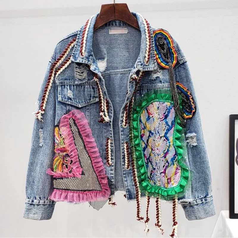 Damenjacken Frühling Herbst Frauen Patch Denim Bomberjacke weibliche Persönlichkeit Kurzdiamonds Quasten Jean Mantel Jaqueta