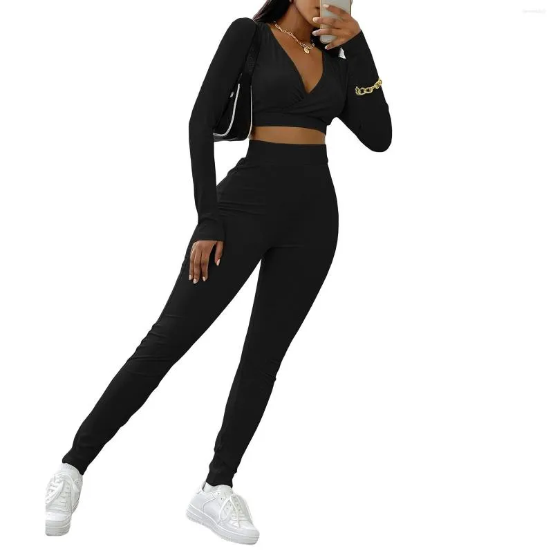 Women's Two Piece Pants Kayotuas Women 2Pcs Sportswear Spring Autumn V-Neck Ruched Crop Tops Skinny Bodycon Pencil Gym Fitness Jogger