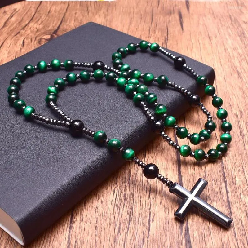 Подвесные ожерелья Католик Христос Розарий зеленый тигровый глаз Onyx с гематитовым кроссовым длинным ожерельем религиозные люди