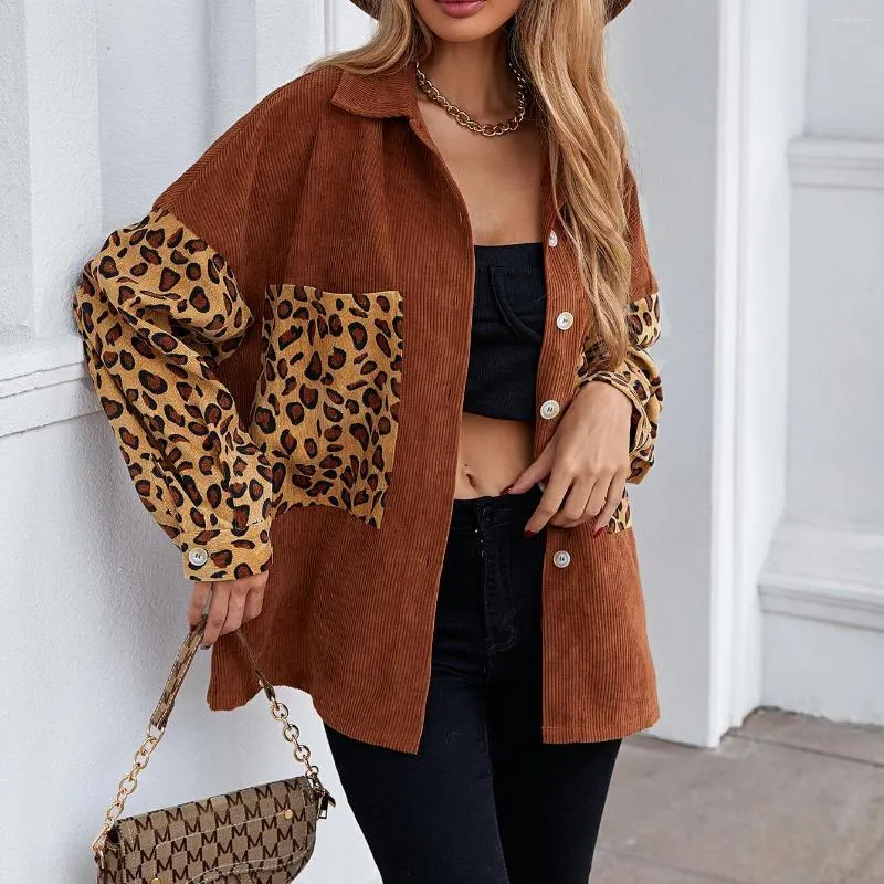 Women's Blouses Women Casual Corduroy Shirts Autumn 2023 Leopard Patchwork Turn-Down Collar Long Sleeve Tops Outerwear Streetwear