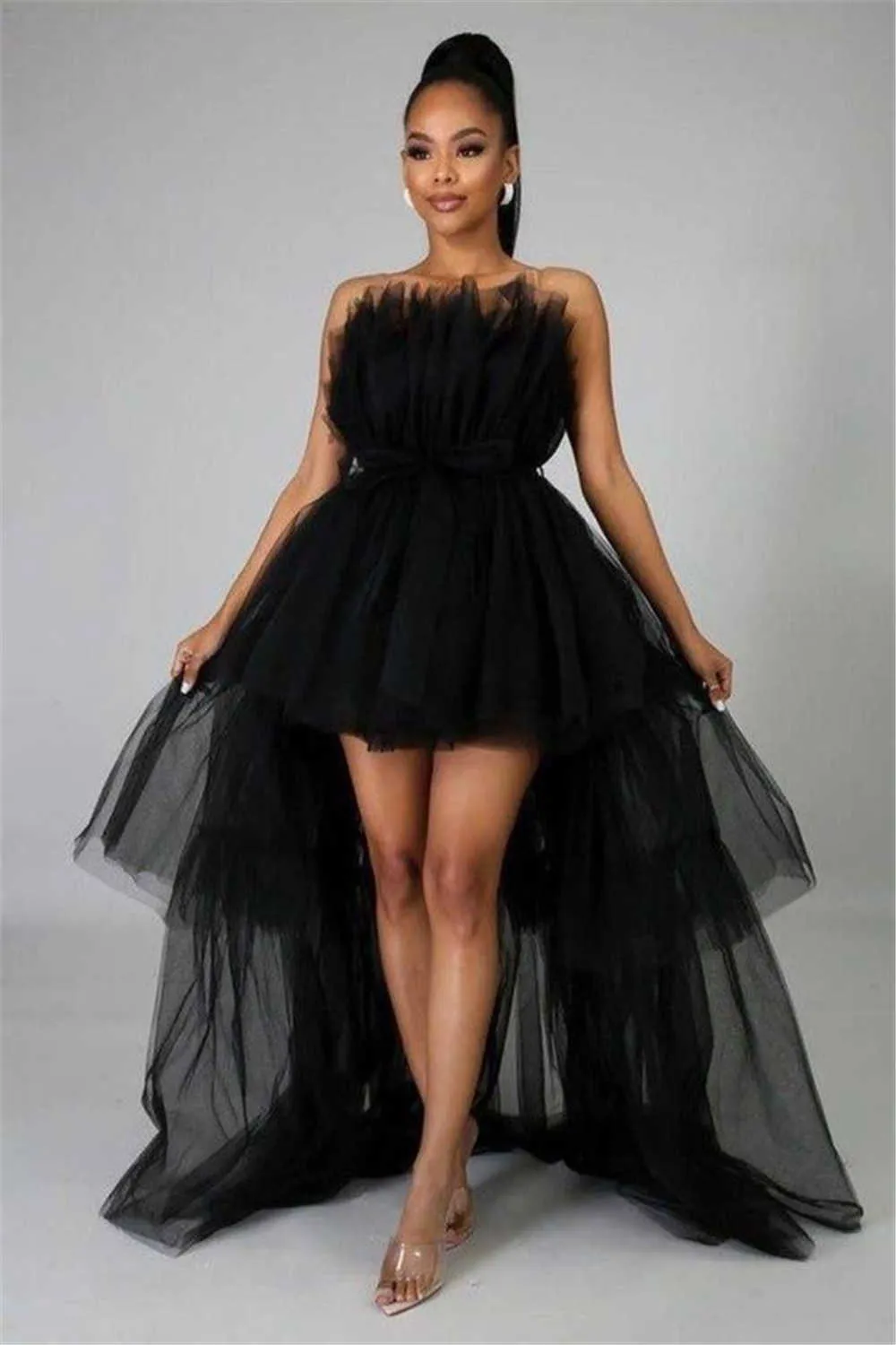 Robes décontractées femmes haut bas Tulle robe sans bretelles couleur unie maille à plusieurs niveaux robe de soirée Cocktail robe de bal L230217