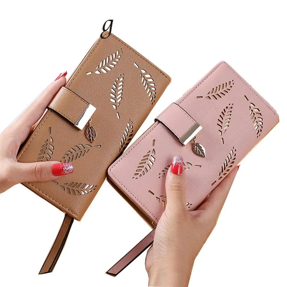 Women Wallet PU Leather Purse Female Long Wallet Gold Hollow Leaves Pouch Handbag For Women Coin Purse Card Holders Clutch wholesa1768